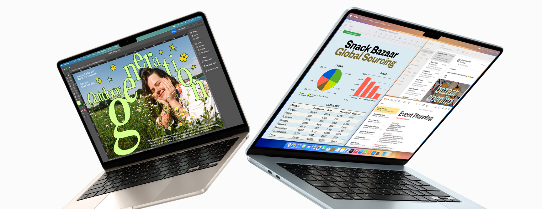 ?iasto?ne otvoreny 13-palcovy a 15-palcovy MacBook Air. Na jednej obrazovke je rozpracovany graficky návrh, druhá ukazuje prácu s tabu?kami a e-mailom sú?asne